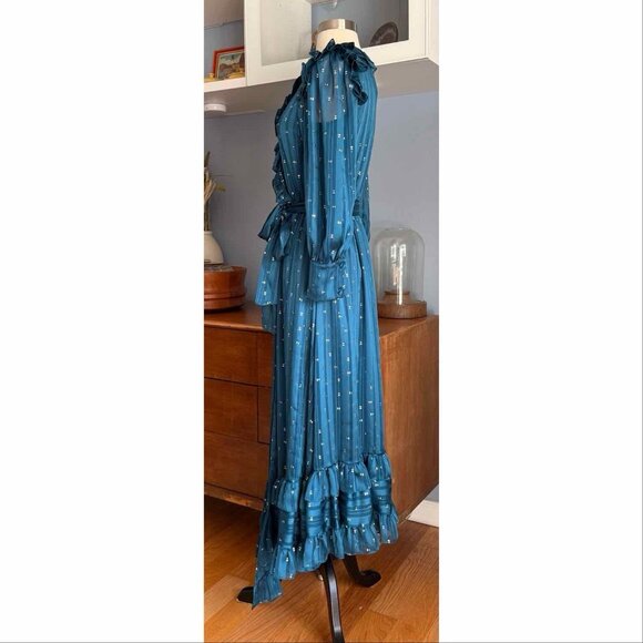 MISA Gabriella Asymmetric Striped Wrap Midi-Dress Chiffon Ruffles - Picture 6 of 12